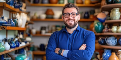Fototapeta premium photo of friendly entrepreneur standing in pottery shop 