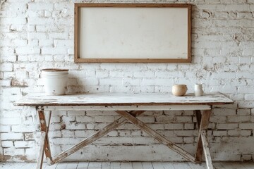 Rustic Wooden Table Against a White Brick Wall with Minimalist Decor and Empty Frame, Perfect for Country-Style Interiors and Creative Workspaces