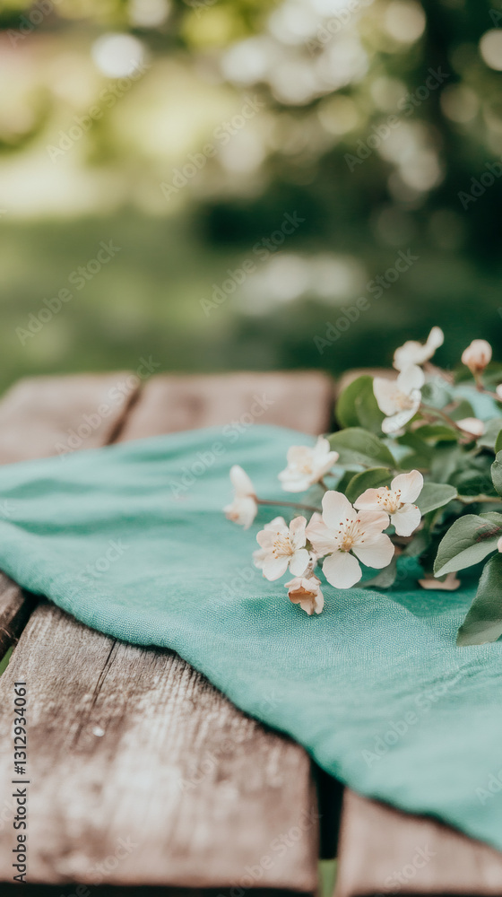 Poster delicate white apple tree flowers resting on light green fabric atop a rustic wooden table in a tran