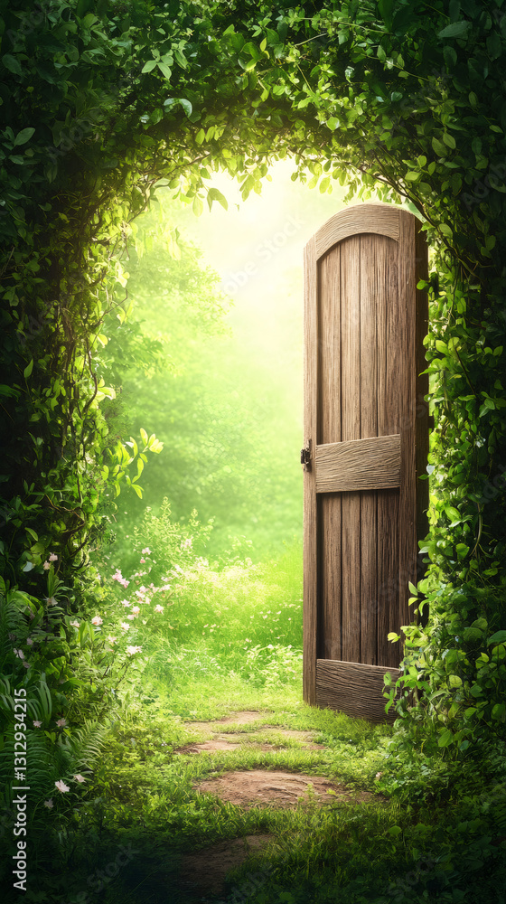 Poster open wooden door in a lush green forest illuminated by spring sunlight, creating a magical and encha