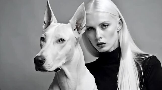 Elegant woman looking at camera with white Doberman Pinscher. Minimalist portrait with striking contrast of platinum blonde against black turtleneck.Concept luxury pet brand high-end fashion dog train