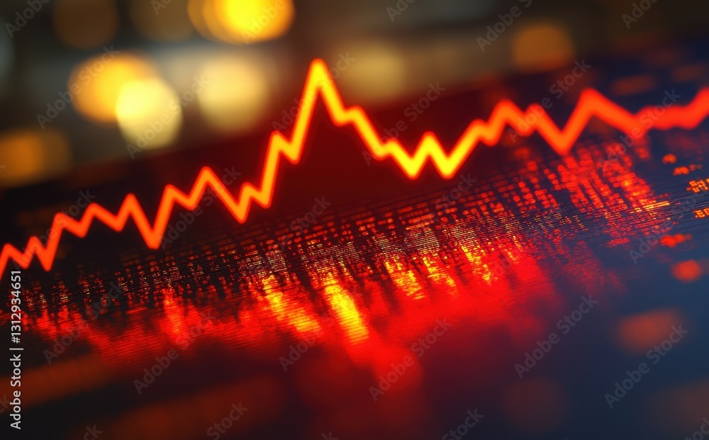 Aufkleber abstract red graph line on dark background with glowing bokeh lights, representing financial growth,