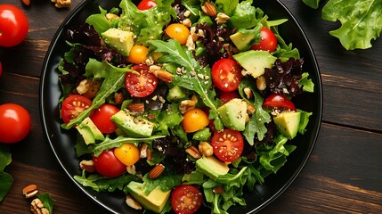 A Fresh and Colorful Salad with Various Vegetables and Nuts