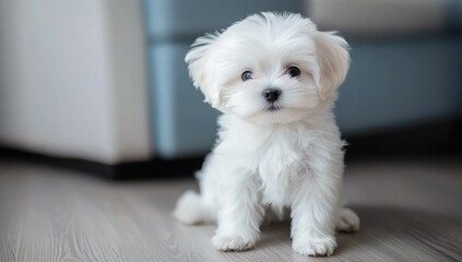 Adorable Maltese Puppy Sitting on Hardwood Floor in Living Room