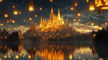 Obraz premium Majestic Illuminated Temple Complex Reflecting in Serene Water at Twilight with Floating Lanterns and Starry Sky
