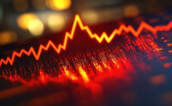 Abstract red graph line on dark background with glowing bokeh lights, representing financial growth, data analysis, and market trends in a modern design