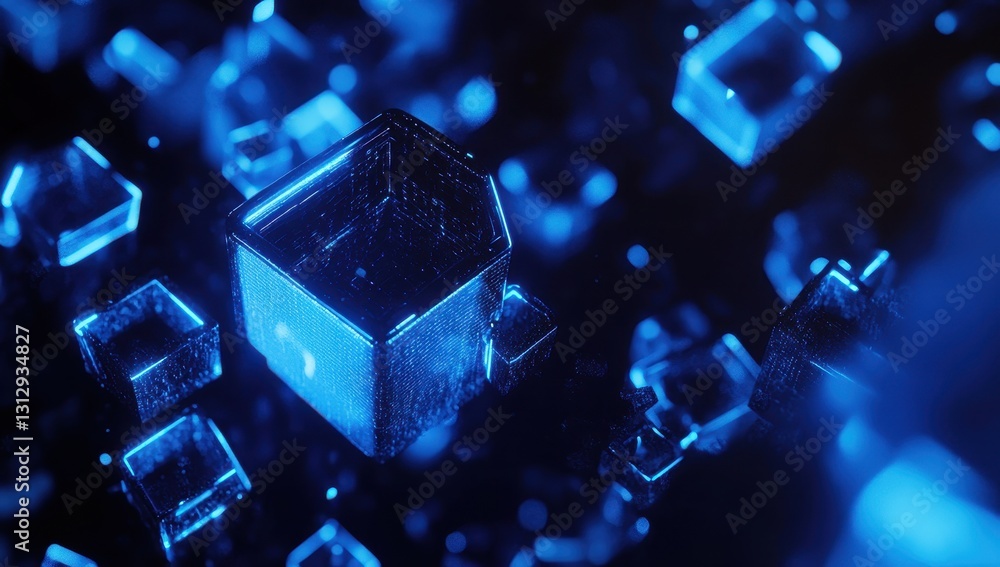 Poster abstract rendering of glowing blue cubes floating in a dark environment, showcasing a futuristic dig