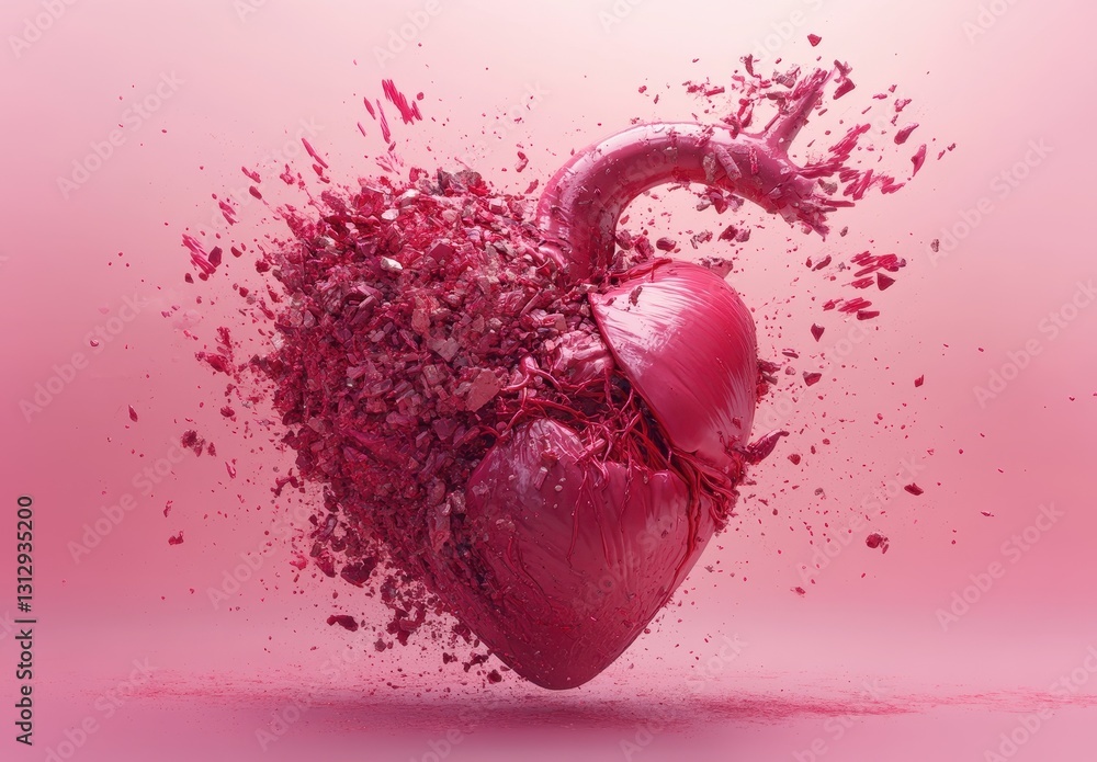 Poster abstract representation of a heart exploding with vibrant red color, symbolizing passion, emotions, 