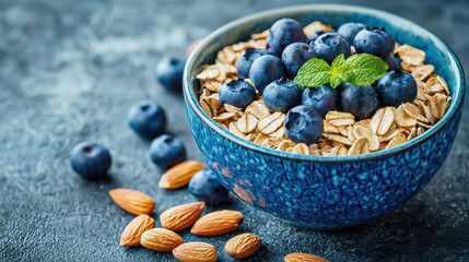 Healthy oatmeal breakfast in a blue ceramic bowl with blueberries and almonds on a wooden table, a delicious natural health food meal perfect for anyone seeking nutritious options.