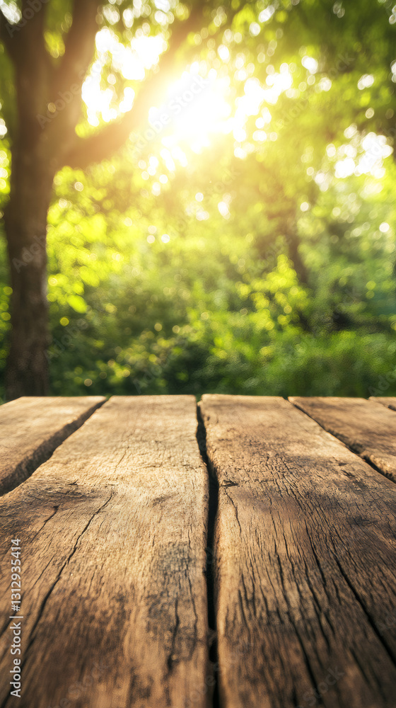 Poster empty wooden table in a forest with beautiful sunlight shining through trees, perfect for product pl