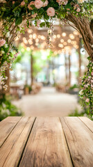 Wooden table beneath flowering wedding arch, softly glowing fairy lights casting romantic ambiance for elegant event setting