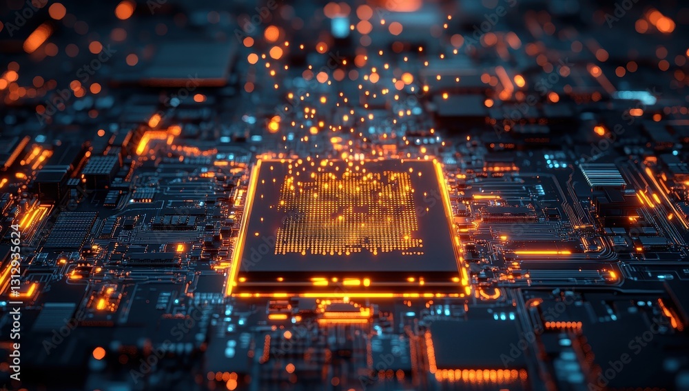 Poster abstract representation of advanced technology with glowing microchip and data particles over a circ