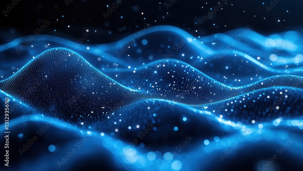 Poster abstract representation of blue waves with soft glowing particles floating in the air for background