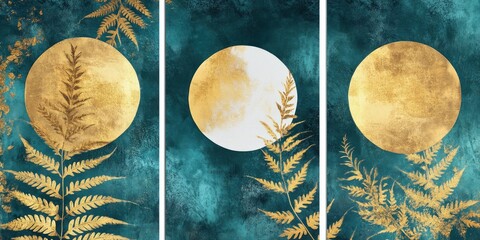Triptych of golden ferns and moons on teal background.