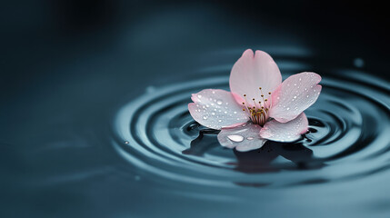 A delicate, dew-covered cherry blossom petal floating on calm water, subtle ripples radiating outward