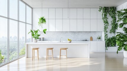 A bright and airy kitchen with pure white, handleless cabinetry.