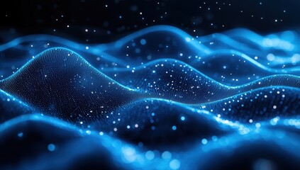 Abstract Representation of Blue Waves with Soft Glowing Particles Floating in the Air for Background Design or Digital Art Projects