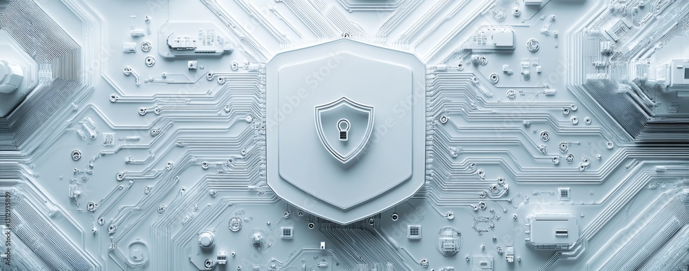Poster abstract representation of cybersecurity concept with shield symbol on circuit board, illustrating d