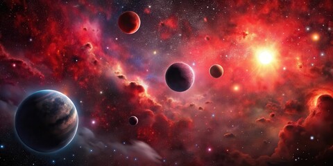 Fototapeta premium Deep space abstract black and red gradient background with stars and planets , astronomy, red gradient