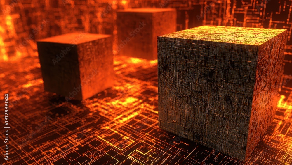 Poster abstract representation of digital cubes with glowing textures in a futuristic landscape of glowing 