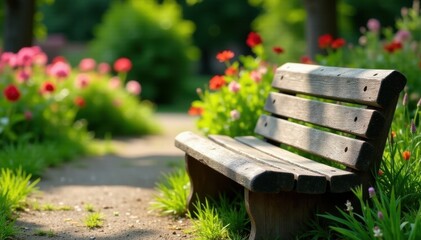 Weathered wooden bench overlooking flowerbeds , park furniture, outdoor seating