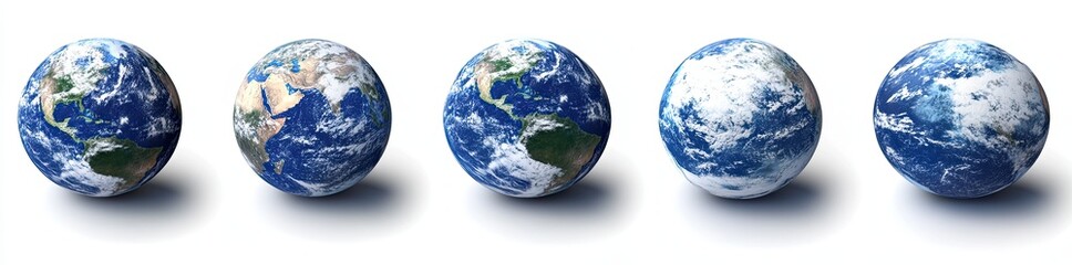 Obraz premium Blue globes, five in total, each depicting a different continent: America, Asia, Australia, Europe, and Africa
