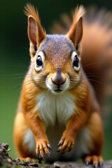 Obraz premium Close-up of a curious squirrel's face, bushy tail visible, brown, nut