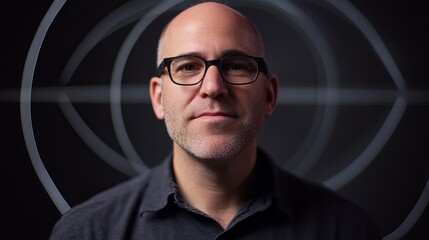 Fototapeta premium Portrait of a Man Wearing Glasses Against a Dark Background with Abstract White Light Circles Professional Serious Male Model Studio Shot Headshot art