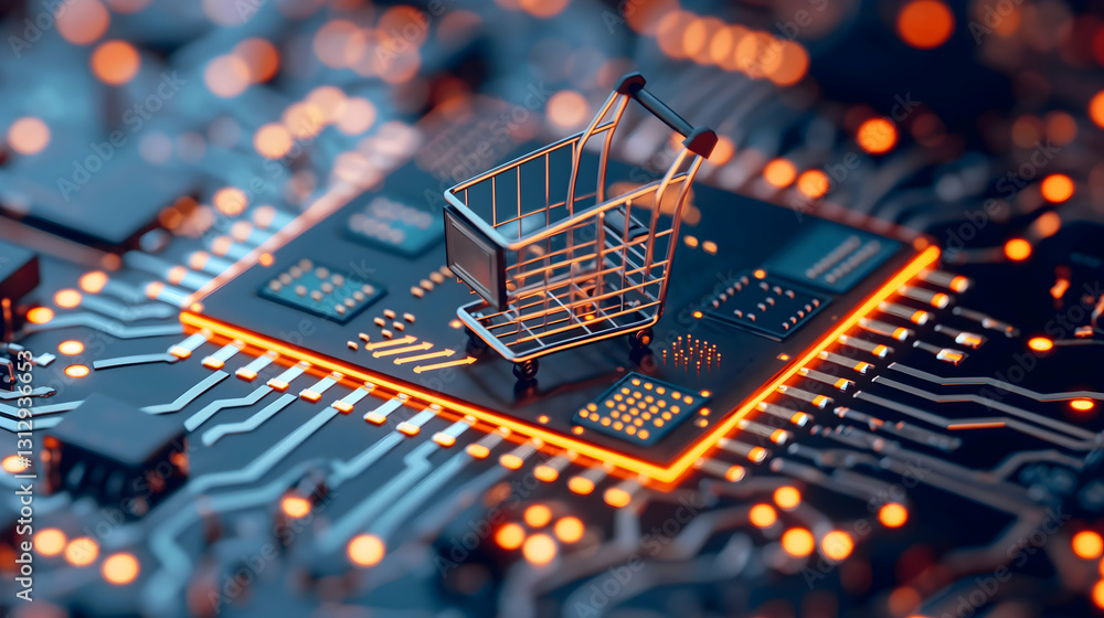 Poster a miniature shopping cart is placed on a circuit board, symbolizing the intersection of technology a