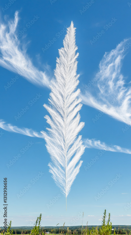 Poster white feather floating gracefully against azure sky, soft cirrus clouds surrounding delicate plume i