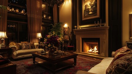 Cozy and elegant living room with a fireplace and floral arrangements.