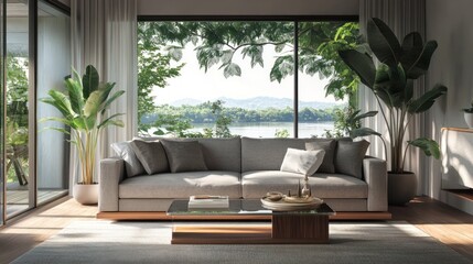 Modern living room with lake view, peaceful interior, relaxing