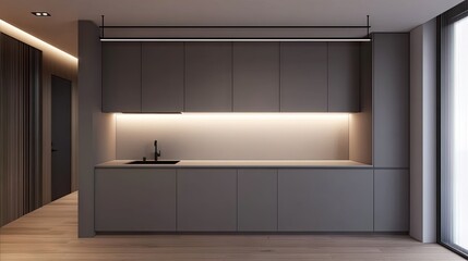A gray handleless kitchen cabinet with a minimalist quartz backsplash.