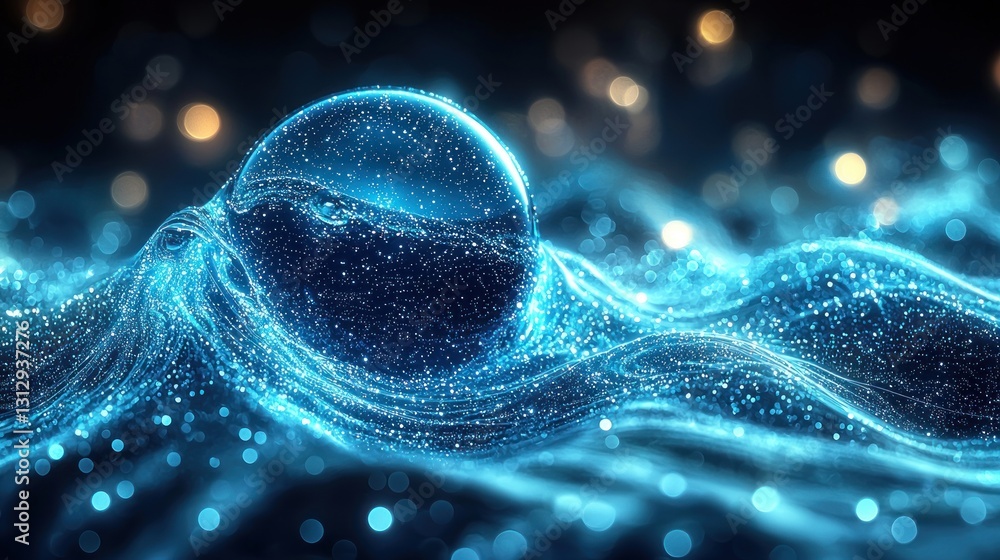 Poster glowing sphere amidst flowing lines abstract design on dark backdrop