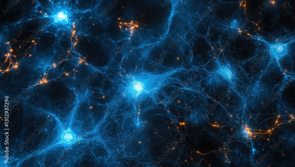 Poster abstract representation of interconnected neural networks and glowing synapses in a vivid blue and o