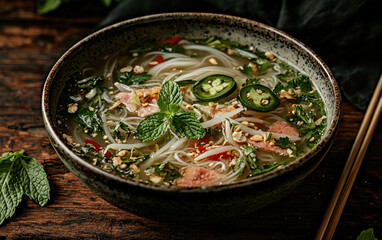 Warm Ligh on Aromatic Noodle Soup in Rustic Bowl