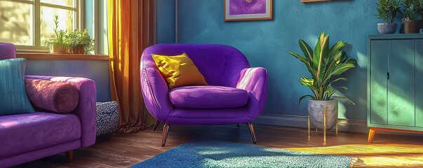 Cozy purple cartoon armchair illustration showcasing a stylish sofa and seat furniture in a charming room perfect for relaxation and comfort with a vibrant couch design.
