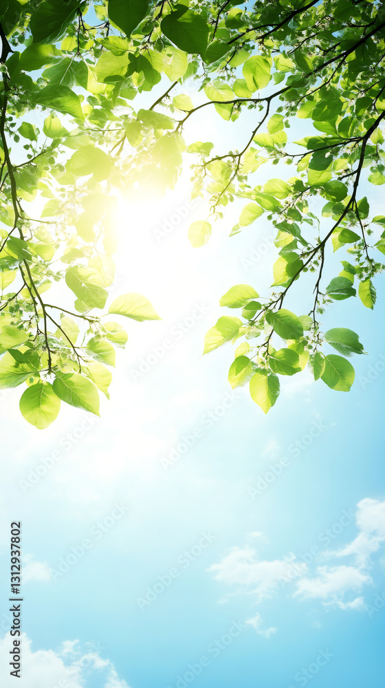 Aufkleber sunlight filters through fresh green leaves against a bright blue sky with some clouds, creating a p