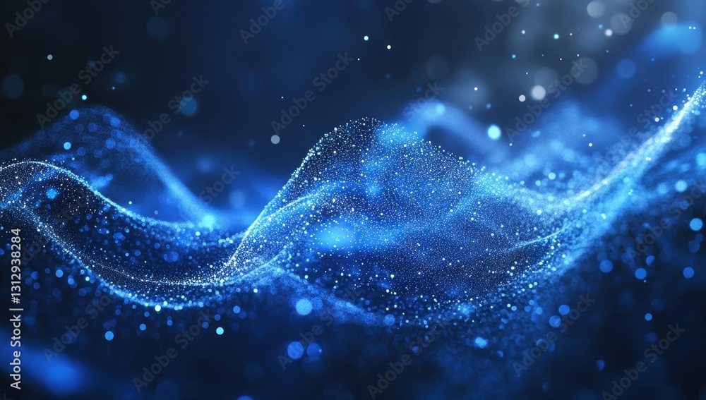 Poster abstract shimmering blue wave with sparkling light particles in a dark atmosphere, creating a sense 