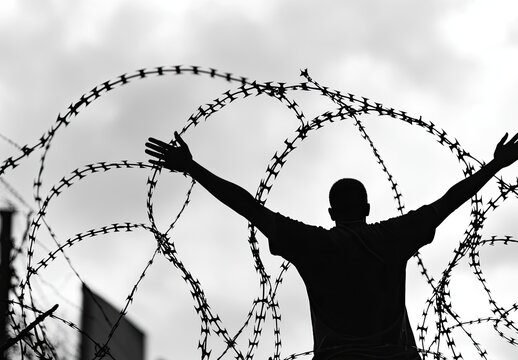 Depicting social justice as an abstract concept, the image features a blurry barbed wire rod fence