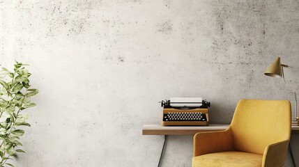 A modern study with a vintage typewriter on a minimalist desk.