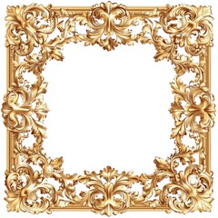 Ornate gold square frame with intricate baroque details, isolated on white.