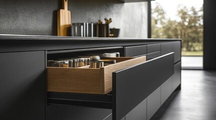 A side view of a sleek kitchen showcasing handleless drawers and hidden compartments.