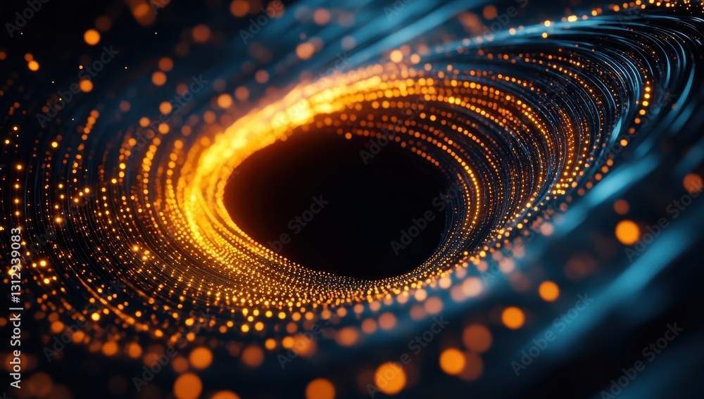 Poster abstract swirling pattern with glowing orange particles and blue waves creating a captivating cosmic