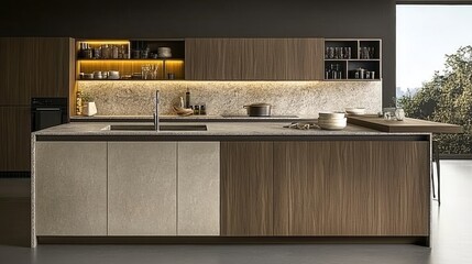 A sleek kitchen with wood-textured handleless cabinets and a stone countertop.