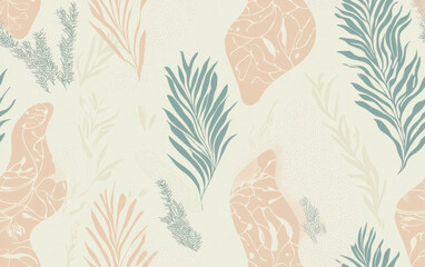 Abstract Tropical Leaf Pattern: Pastel Peach, Blue-Gray, and Beige on Cream