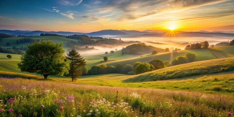 Obraz premium A serene sunrise over a rolling hills landscape with trees and wildflowers, country life, landscape