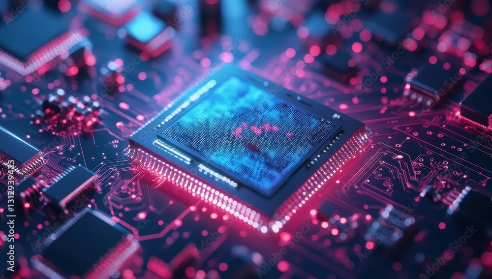 Poster abstract technological image of a microchip on a futuristic circuit board with glowing connections a