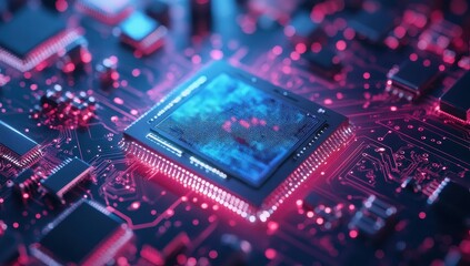 Fototapeta premium Abstract technological image of a microchip on a futuristic circuit board with glowing connections and vibrant colors showcasing innovation and digital designs