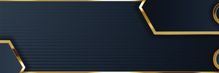 Dark navy gold geometric banner design, striped background, website template